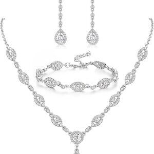 Wedding Jewelry Set Silver Rhinestone Teardrop Necklace Earrings Bracelet